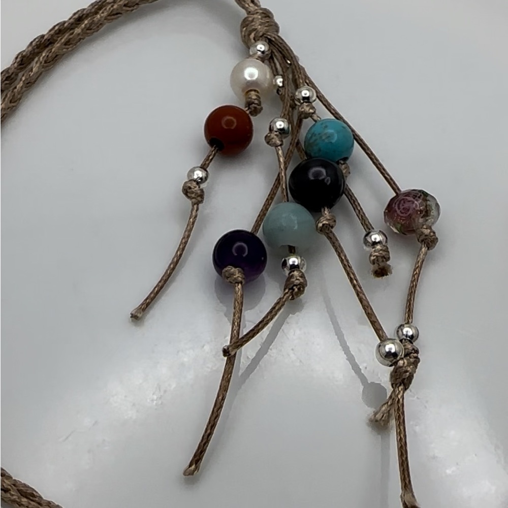 ARTISAN Gemstones and Pearls Braided Tan Cord Tassel Necklace 23 1/2” long - Picture 12 of 14